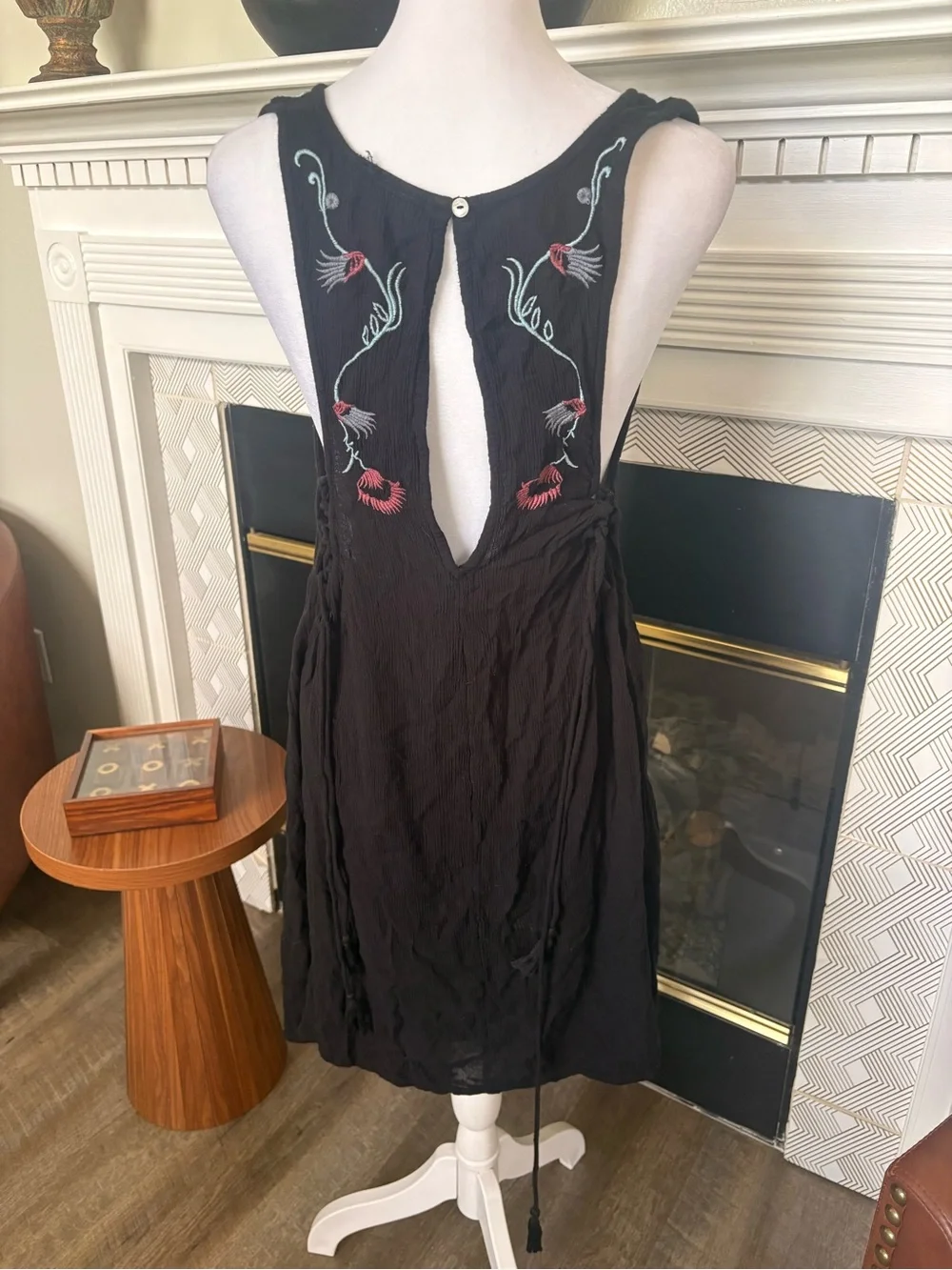 Free People Black Mini Dress with Red & Light Blue Embroidery